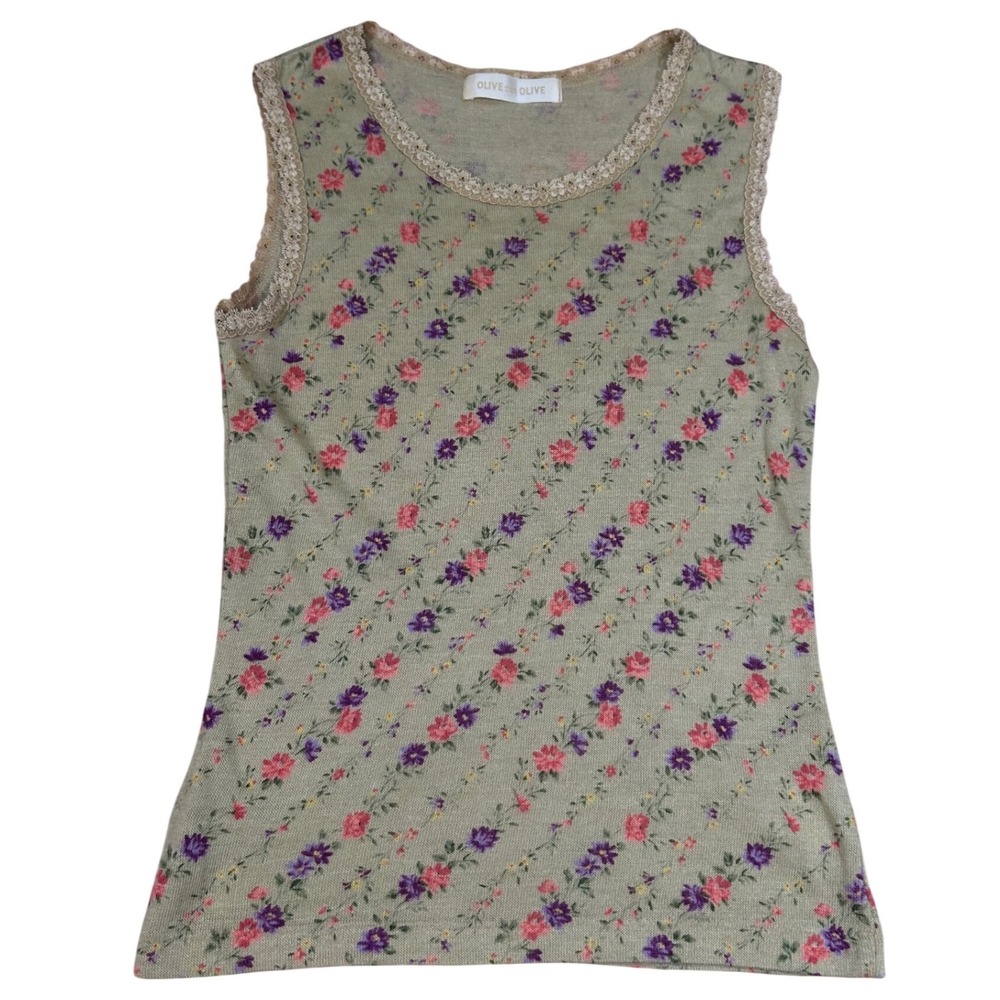 VTG Y2K Floral Print Knit Tank Top Women XS Lace‎ Trim